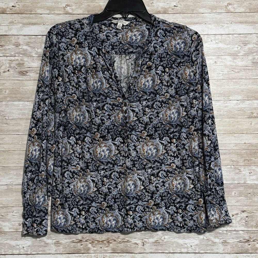 Lucky Brand Womens M Paisley Henley Blouse Blue Long Sleeve Boho Top CottageCore